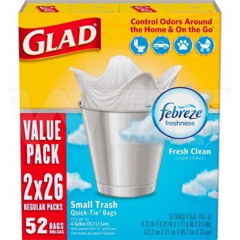 Glad Small Trash Bags, 4 Gallon, 52 Bags (OdorShield, Quick Tie, Gain Original)